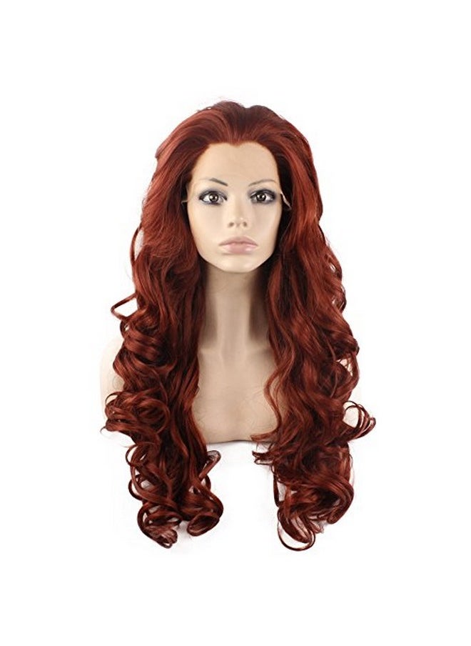 MX angel - Mxangel Long Wavy Celebrity Lace Front Wig Half Hand Tied Heat Resistant Fiber Fashion Burgundy Red Synthetic Hair Wig - Image 1