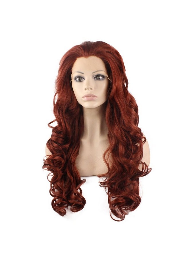 MX angel - Mxangel Long Wavy Celebrity Lace Front Wig Half Hand Tied Heat Resistant Fiber Fashion Burgundy Red Synthetic Hair Wig - Image 1