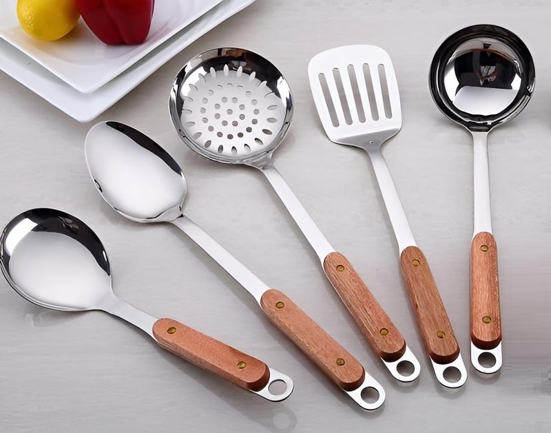 Naidev 5 Piece Kitchen Cooking Stainless Steel Utensils Set Wooden Handle Cooking Tools Gadgets Spatula Set with Hook,Ladle,Slotted Turner,Slotted Skimmer,Rice Spoon and Cooking Spoon - Image 1