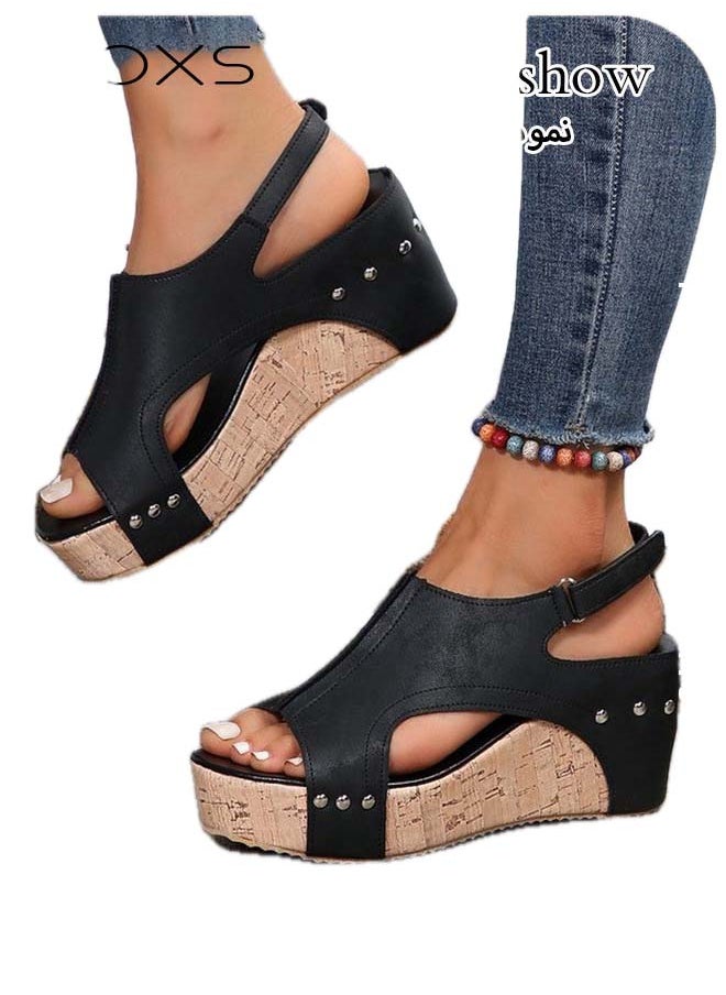 RIOXS Women's Hollow Roman Wedge Sandals Round Open Toe Sandals Summer Comfortable Buckle Sandals  - Image 1