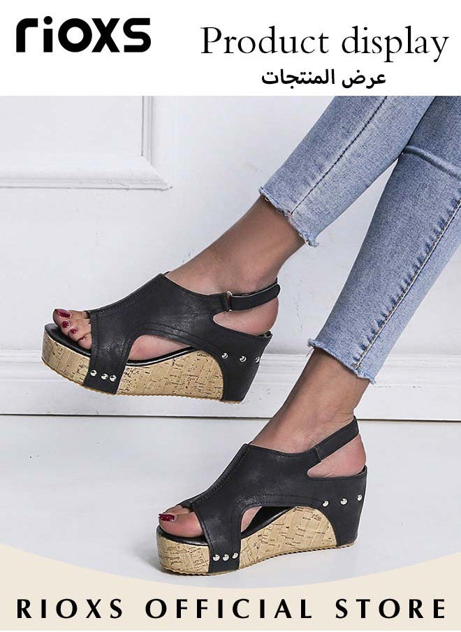 RIOXS Women's Hollow Roman Wedge Sandals Round Open Toe Sandals Summer Comfortable Buckle Sandals  - Image 5