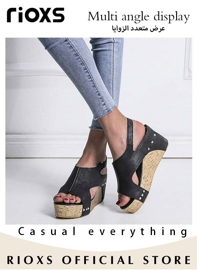 RIOXS Women's Hollow Roman Wedge Sandals Round Open Toe Sandals Summer Comfortable Buckle Sandals  - Image 4