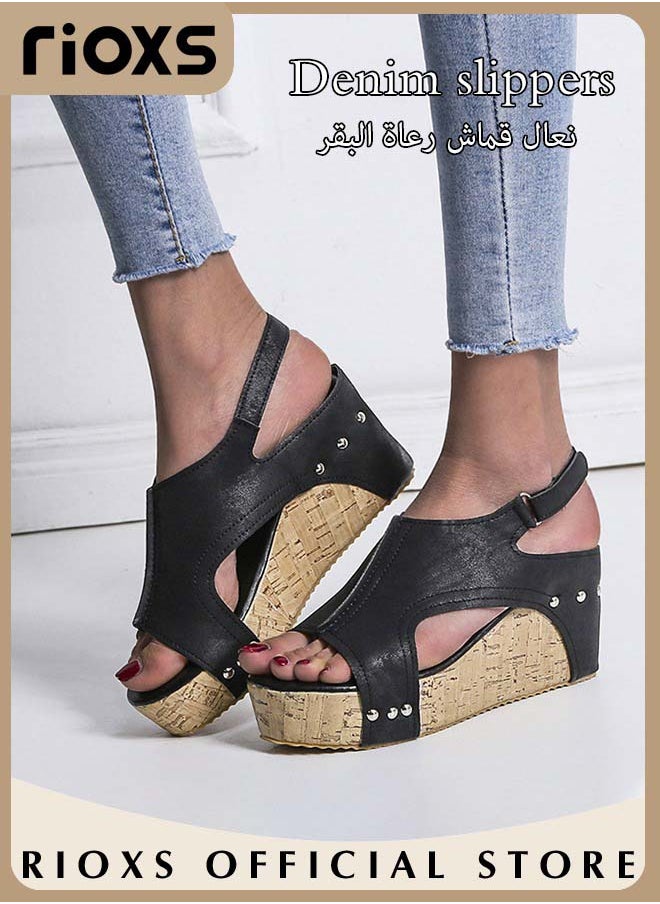 RIOXS Women's Hollow Roman Wedge Sandals Round Open Toe Sandals Summer Comfortable Buckle Sandals  - Image 2