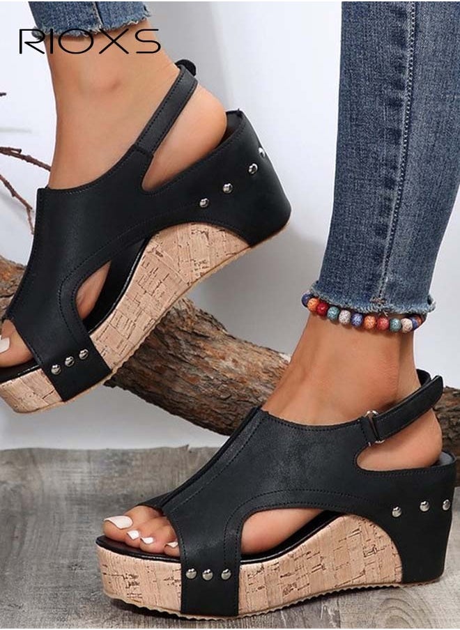 RIOXS Women's Hollow Roman Wedge Sandals Round Open Toe Sandals Summer Comfortable Buckle Sandals  - Image 1