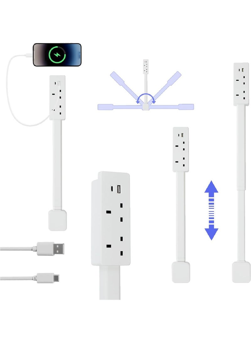 أداندو مقبس موسع للكهرباء مع دوران 180 درجة، عصا طاقة 1500 وات مع 2 منافذ تيار متردد، USB-A وUSB-C، شريط سلك تمديد قابل للتمديد 71.5 سم، منافذ الوصول التي يصعب الوصول إليها تستخدم خلف الأرائك، المكتب (أبيض) - Image 1