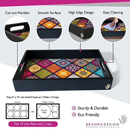 BRAHMA DESIGN Serving Tray | Multi Mandala Design with Black Border | Rectangular 8" x 12" Wooden Tray for Serving | Tray for Decoration with Cut-Out Handles - Image 3