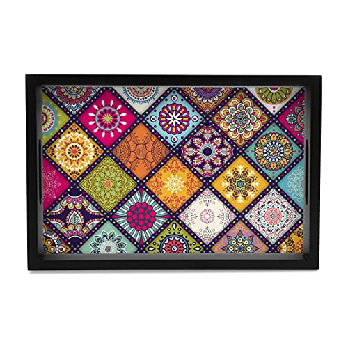 BRAHMA DESIGN Serving Tray | Multi Mandala Design with Black Border | Rectangular 8" x 12" Wooden Tray for Serving | Tray for Decoration with Cut-Out Handles - Image 1