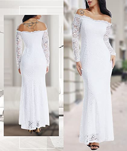LALAGEN Women's Floral Lace Long Sleeve Off Shoulder Wedding Mermaid Dress White1 XL - Image 4