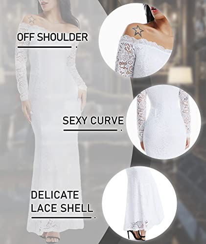 LALAGEN Women's Floral Lace Long Sleeve Off Shoulder Wedding Mermaid Dress White1 XL - Image 5