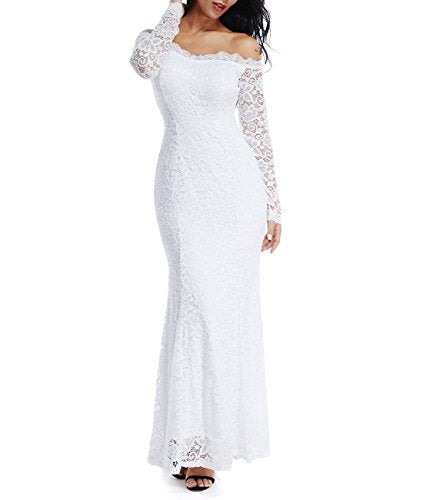 LALAGEN Women's Floral Lace Long Sleeve Off Shoulder Wedding Mermaid Dress White1 XL - Image 1