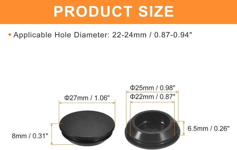 QUARKZMAN Pack of 8 Silicone Plugs, Round Rubber Stoppers for Locking into 22-24 mm Holes, Waterproof Hole Plugs for Metal Pipes, Furniture End Caps, Black Inserts - Image 2