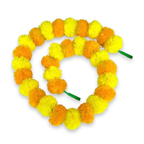 Abhaas Plastic Pack Of 10 Artificial Marigold Garland Toran For Decoration Long Fluffy Flowers Indian Genda Phool For Wedding & Festival Diwali Pongal/4.5-4.9 Ft /10 Pc/Yellow+ Light Orange Mix - Image 3
