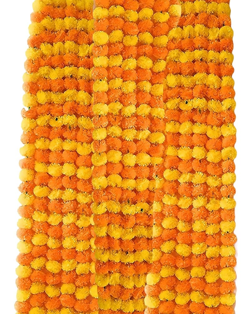 Abhaas Plastic Pack Of 10 Artificial Marigold Garland Toran For Decoration Long Fluffy Flowers Indian Genda Phool For Wedding & Festival Diwali Pongal/4.5-4.9 Ft /10 Pc/Yellow+ Light Orange Mix - Image 4