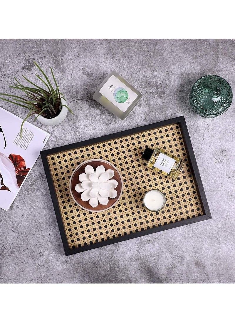 LEOKOR - Rectangle Serving Tray with Imitated Rattan,Basket Serving Tray with Black Wooden - Image 1