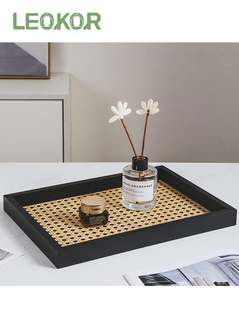 LEOKOR - Rectangle Serving Tray with Imitated Rattan,Basket Serving Tray with Black Wooden - Image 1