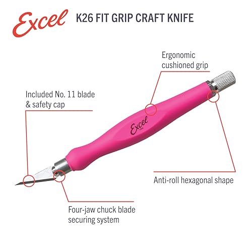 Excel Blades Fit Grip Craft Knife With #11 Ultra-Sharp Carbon Steel Angled Blade – Precision Hobby Knife with Contoured Rubberized Grip for DIY, Art Crafts, and Model Projects – Pink, Made in the USA - Image 3