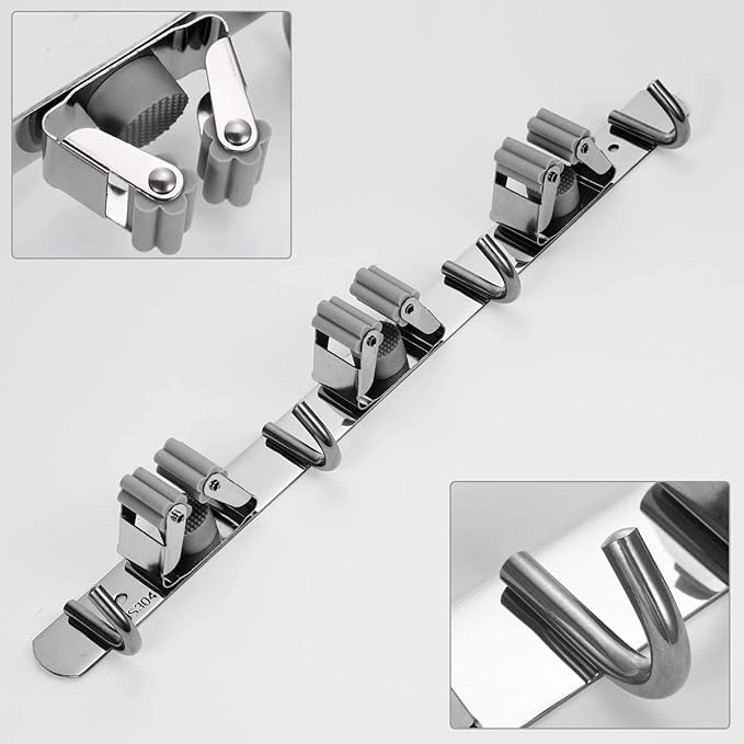 vulrian Stainless Steel Mop Holder For Wall Mounted Broom holder with 3 rack and 4 hooks hangers For BroomstickCleaning BrushTool Hanging Storage Organizer For HomeGardenGarageKitche pack of 1 - Image 2