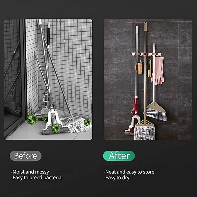 vulrian Stainless Steel Mop Holder For Wall Mounted Broom holder with 3 rack and 4 hooks hangers For BroomstickCleaning BrushTool Hanging Storage Organizer For HomeGardenGarageKitche pack of 1 - Image 3