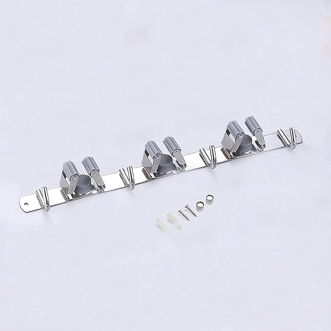 vulrian Stainless Steel Mop Holder For Wall Mounted Broom holder with 3 rack and 4 hooks hangers For BroomstickCleaning BrushTool Hanging Storage Organizer For HomeGardenGarageKitche pack of 1 - Image 5