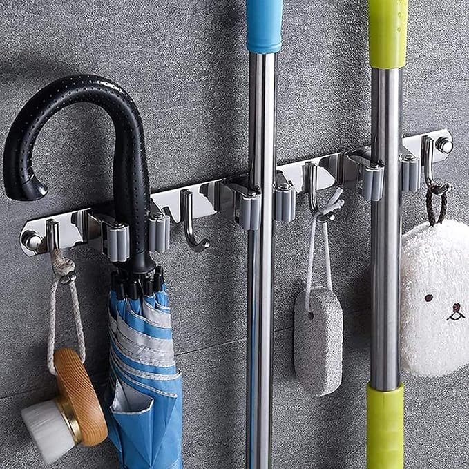 vulrian Stainless Steel Mop Holder For Wall Mounted Broom holder with 3 rack and 4 hooks hangers For BroomstickCleaning BrushTool Hanging Storage Organizer For HomeGardenGarageKitche pack of 1 - Image 1