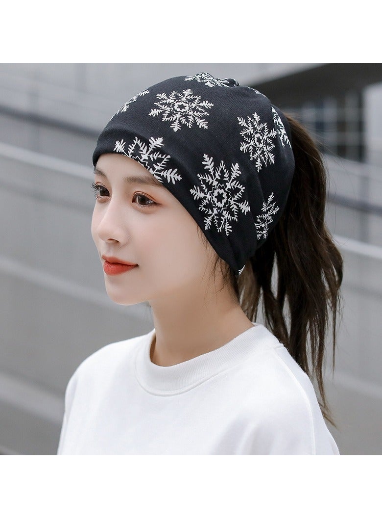 AROAQ Women Casual Beanies Hat, Autumn And Winter Comfortable Twist Hat Bib For Women, Soft Stretchy Women Knit Cap, Warm Neck Sheath Head Hat For Women Girls Teens, (Black Snowflake)  - Image 1
