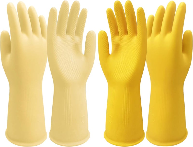 Disfore Rubber Cleaning-Dishwashing Gloves Kitchen-Dish - Thicken Kitchen Gloves for Washing Dishes，Reusable Rubber Gloves for Dishwashing，2 Pairs Yellow Beige Medium - Image 1