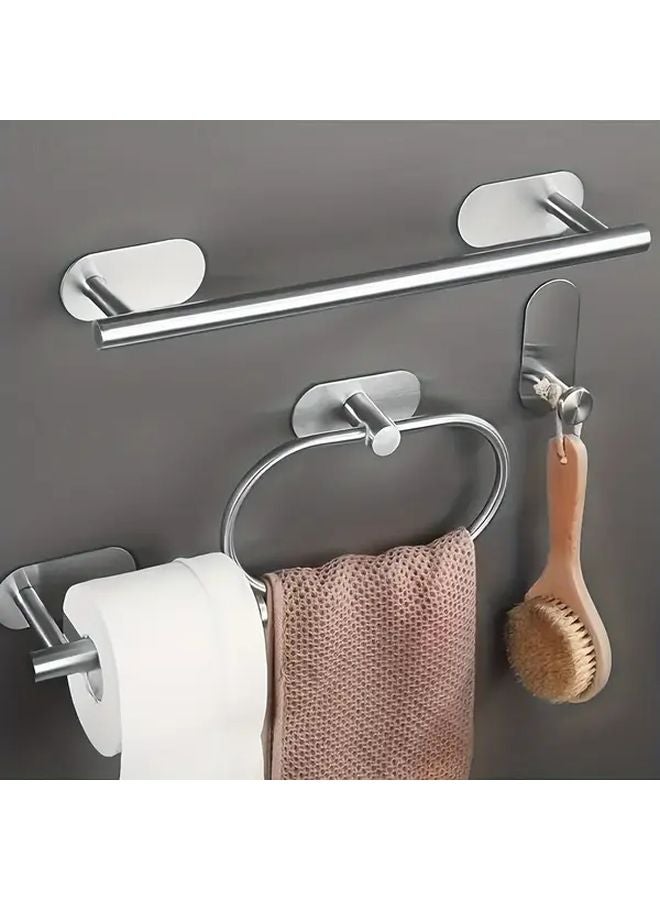 4pcs Silvery Bathroom Accessory Set Towel Bar Ring Holder Tissue Rack Hooks - Image 3