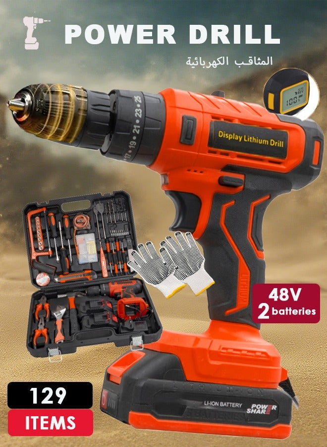 Bolivia's Drill,129 Piece Power Tools Kit with 48V Cordless Drill, Professional Household Home Tools Set with DIY Hand Tool Kits for Garden Office House Repair Maintain - Image 1