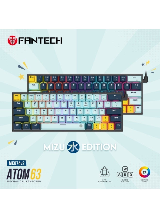 FANTECH MK874 V2 ATOM 63 MIZU Edition Mechanical Gaming Keyboard, Compact Layout, Multicolour Backlight, Sky Blue - Image 3