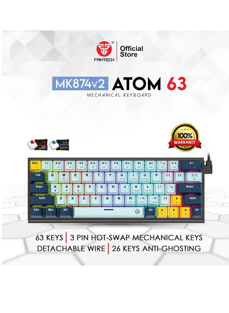 FANTECH MK874 V2 ATOM 63 MIZU Edition Mechanical Gaming Keyboard, Compact Layout, Multicolour Backlight, Sky Blue - Image 2