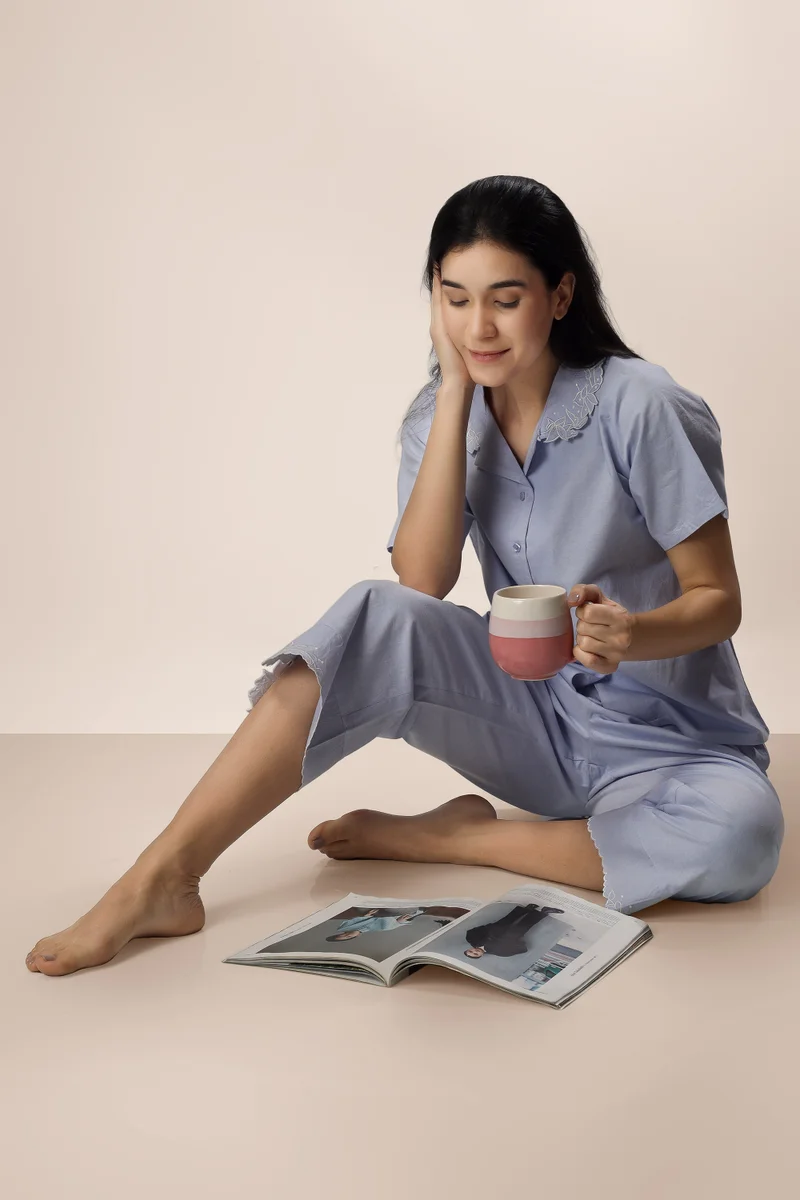 After Dark Brie, Oxford Chambray Pyjama Suit with Embroidery