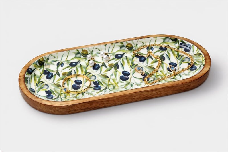 Onlinecraft Mango Wood Decorative Tray with Wooden Rasin Design, Vintage Serving Platter Tray for Ottoman, Coffee Table, Entertaining, Kitchen Counter Organizer, Sizzler Tea & Breakfast Sering Tray (Green) - Image 1