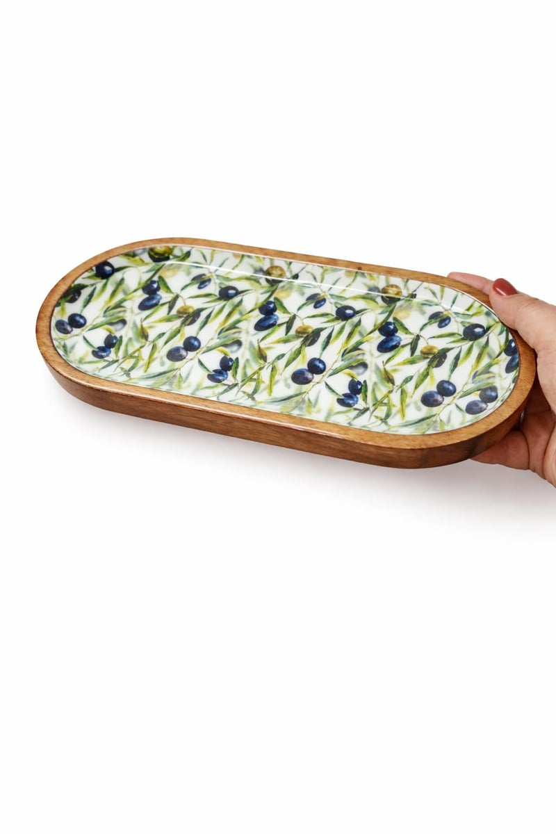 Onlinecraft Mango Wood Decorative Tray with Wooden Rasin Design, Vintage Serving Platter Tray for Ottoman, Coffee Table, Entertaining, Kitchen Counter Organizer, Sizzler Tea & Breakfast Sering Tray (Green) - Image 2