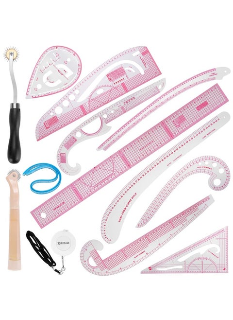 Extcct13PCS Styling Sewing French Curve Ruler Set Dress Makers Ruler Clear Sewing Tailors Pattern Making Ruler for Fashion Design and Guides for Fabric English Language Mark on Rulers