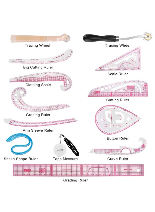 Extcct13PCS Styling Sewing French Curve Ruler Set Dress Makers Ruler Clear Sewing Tailors Pattern Making Ruler for Fashion Design and Guides for Fabric English Language Mark on Rulers