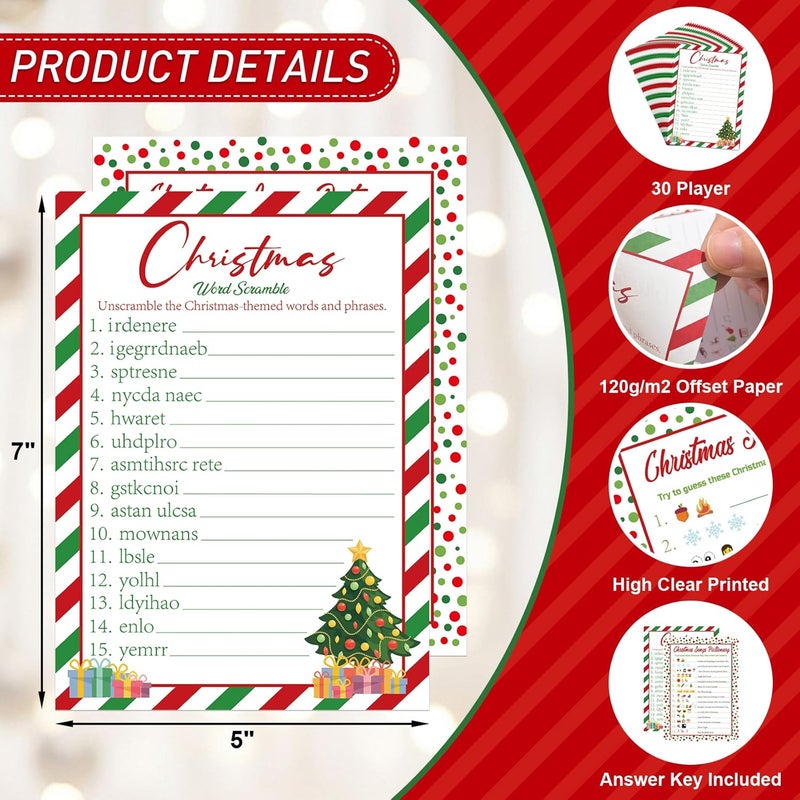 COCHIE 30 Players Christmas Party Games for Adults Family Office Large Groups, Xmas Parties Songs Pictionary Game, Guesstures Game, Word Scramble Games with Answer Key (Christmas Tree) - Image 3