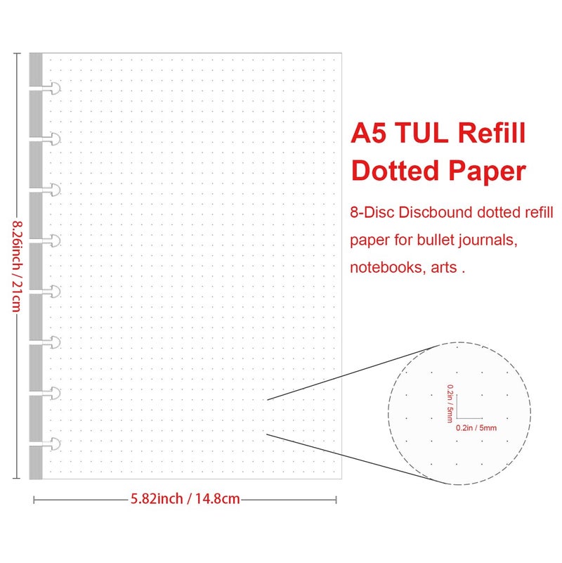 Getvow Junior Size TUL Discbound Dotted Refill Paper, 8-Disc Disbound Insert, 100 Sheets/200 Pages Dot Grid Paper, 100gsm White Paper, 5.8'' x 8.2'' - Image 2