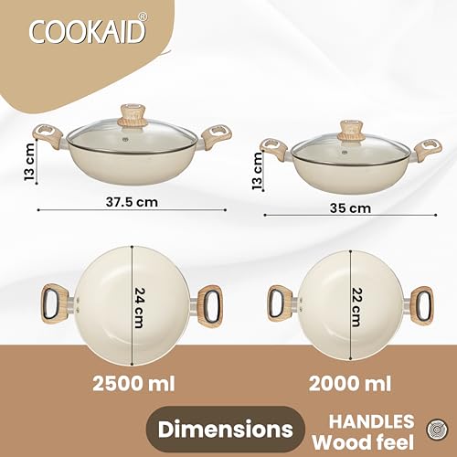 COOKAID Velora Series Non Stick Ceramic Coating Kadhai 2 Pcs Cookware Set (22 & 24 Cm with Glass Lids) with 2 Pcs Nylon Tool| Aluminium Body|ISI Certified | 2 LTR and 2.5 LTR | Cream - Image 2