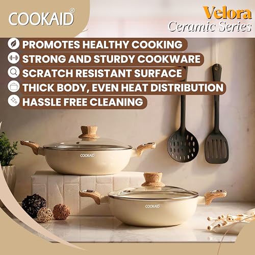 COOKAID Velora Series Non Stick Ceramic Coating Kadhai 2 Pcs Cookware Set (22 & 24 Cm with Glass Lids) with 2 Pcs Nylon Tool| Aluminium Body|ISI Certified | 2 LTR and 2.5 LTR | Cream - Image 4