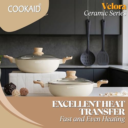 COOKAID Velora Series Non Stick Ceramic Coating Kadhai 2 Pcs Cookware Set (22 & 24 Cm with Glass Lids) with 2 Pcs Nylon Tool| Aluminium Body|ISI Certified | 2 LTR and 2.5 LTR | Cream - Image 3