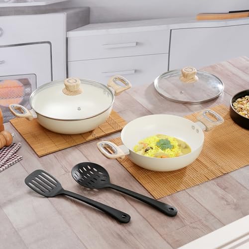 COOKAID Velora Series Non Stick Ceramic Coating Kadhai 2 Pcs Cookware Set (22 & 24 Cm with Glass Lids) with 2 Pcs Nylon Tool| Aluminium Body|ISI Certified | 2 LTR and 2.5 LTR | Cream - Image 1