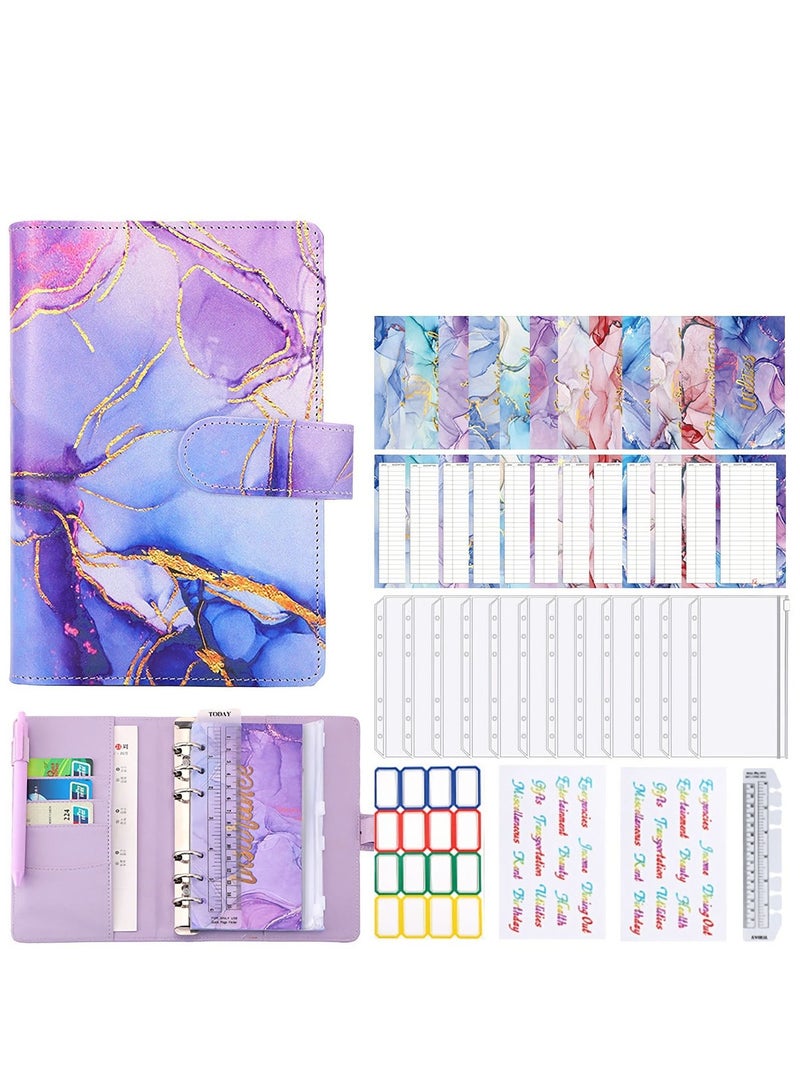 SYOSI Budget Binder with Zipper Envelopes, Cash Envelopes for Budgeting, A6 PU Leather Budget Binder Planner with 12 Pcs Clear Zipper Envelopes, 12 Pcs Budget Sheets for Budgeting, Saving Money(Purple) - Image 1
