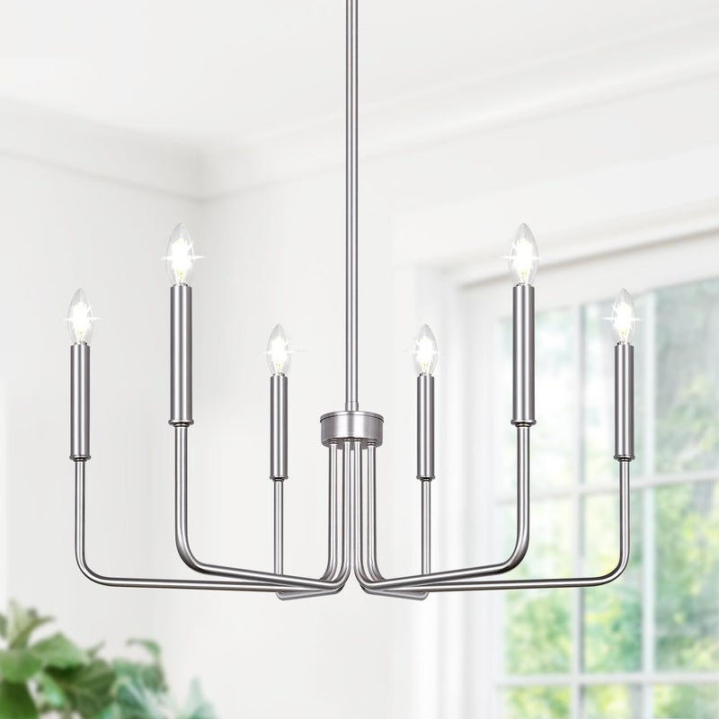 Lynnoland 6-Light Farmhouse Chandelier for Dining Room Lighting Fixtures Hanging, Brushed Nickel Dining Light Fixtures Industrial Chandelier for Bedroom, Foyer, Hall, Kitchen, Living Room and Entryway - Image 1