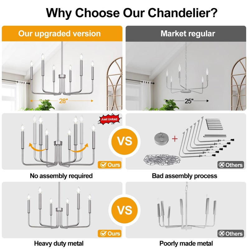 Lynnoland 6-Light Farmhouse Chandelier for Dining Room Lighting Fixtures Hanging, Brushed Nickel Dining Light Fixtures Industrial Chandelier for Bedroom, Foyer, Hall, Kitchen, Living Room and Entryway - Image 5