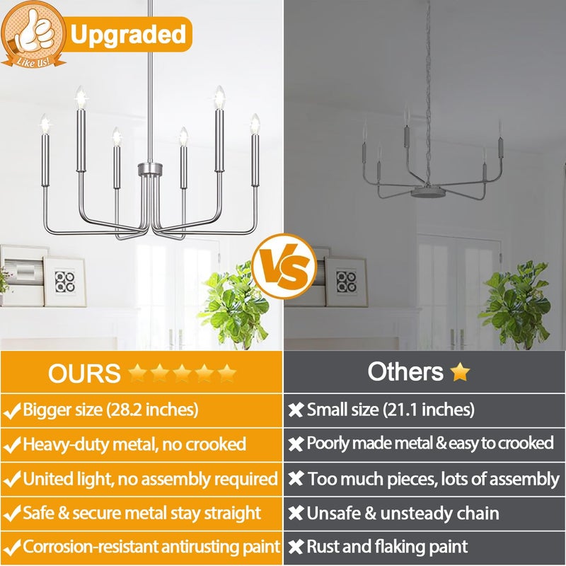 Lynnoland 6-Light Farmhouse Chandelier for Dining Room Lighting Fixtures Hanging, Brushed Nickel Dining Light Fixtures Industrial Chandelier for Bedroom, Foyer, Hall, Kitchen, Living Room and Entryway - Image 2