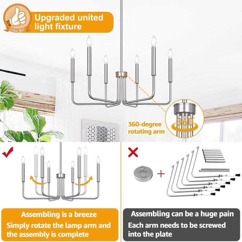 Lynnoland 6-Light Farmhouse Chandelier for Dining Room Lighting Fixtures Hanging, Brushed Nickel Dining Light Fixtures Industrial Chandelier for Bedroom, Foyer, Hall, Kitchen, Living Room and Entryway - Image 3