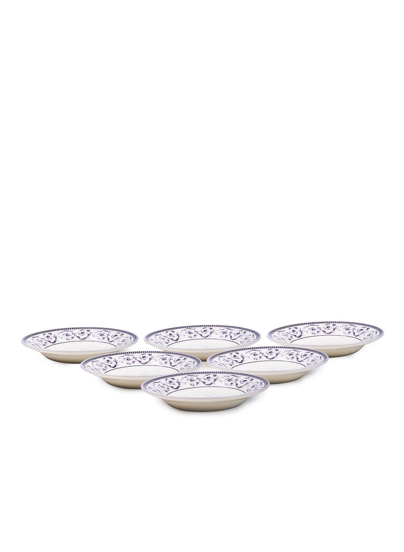 Claytan Callista Blue Decorative Pattern 9.1 inch Ceramic Soup Plate (White, Set of 6)