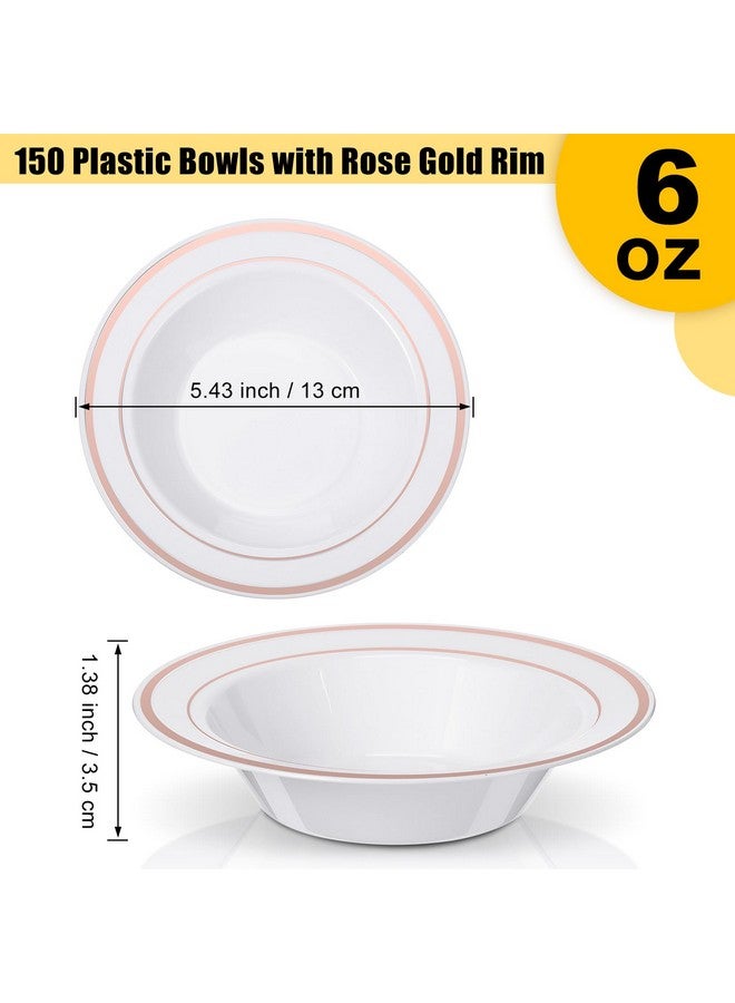 Jinei 150 Pieces 6 Oz Plastic Bowls With Rim Soup Bowls Small Disposable Bowls For Dessert Salad Soup Candy Wedding Thanksgiving Christmas Catering Holidays Party Supplies (White,Rose Gold Rim) - Image 2