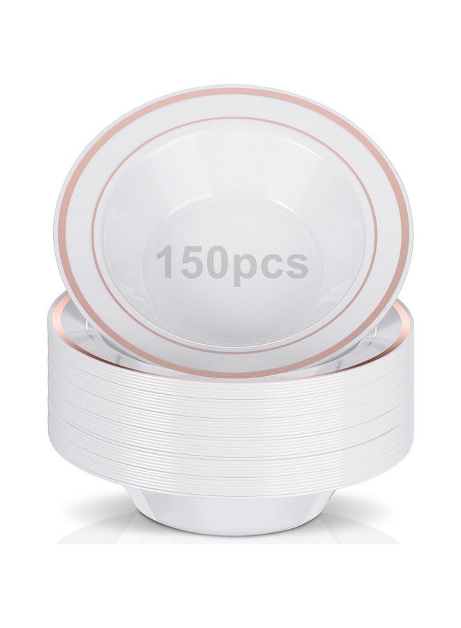 Jinei 150 Pieces 6 Oz Plastic Bowls With Rim Soup Bowls Small Disposable Bowls For Dessert Salad Soup Candy Wedding Thanksgiving Christmas Catering Holidays Party Supplies (White,Rose Gold Rim) - Image 1