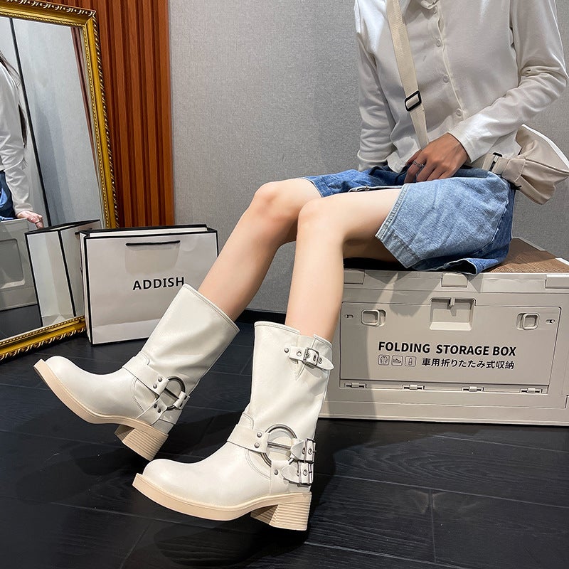 Genuine Leather Western Cowboy Boots 2023 Spring and Summer New British Style Retro All-Match Metal Buckle Mid-Barrel Martin Ankle Boots for Women - Image 4